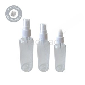 Bouteille en plastique transparent avec bouchon pulvérisateur