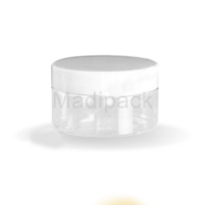 Pot cosmétique vide en plastique transparent avec couvercle blanc - 100 ml